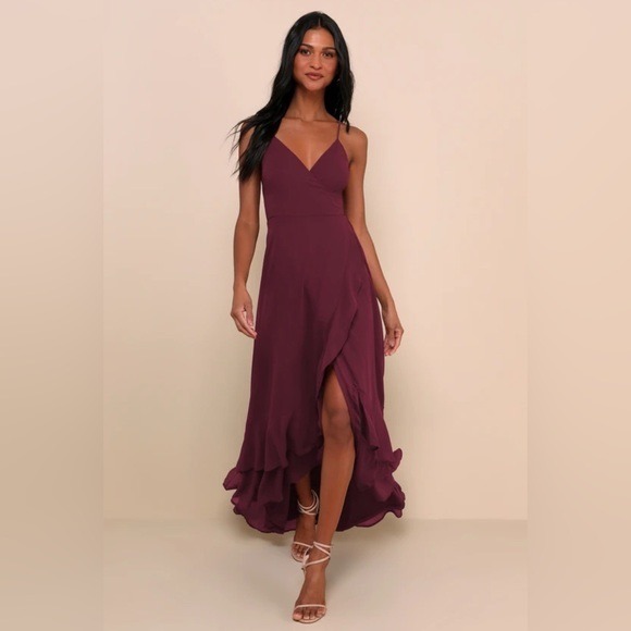 Lulus Ada Burgundy Lace-Up High Low Babydoll Maxi Dress Size XS - Picture 1 of 11